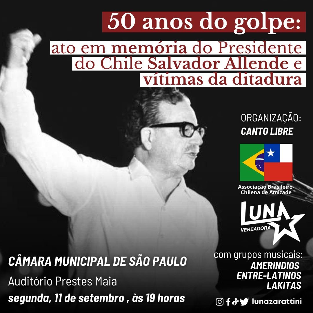 🌟 Você está convidado para um evento emocionante e cheio de significado! No dia 11 de setembro, na Câmara Municipal de São Paulo, estaremos celebrando Salvador Allende, lembrando a Ditadura no Chile e os 50 anos do Golpe Cívico-Militar, demonstrando nossa solidariedade ao povo chileno. Não perca este momento especial de memória e esperança. Haverá apresentação das Lakitas Sinchi Warmis.

Saiba mais em https://warmis.org/artigos/evento-homenagem-salvador-allende ou no link para o nosso blog na link da Bio

#SalvadorAllende #DitaduraNoChile #LakitasSinchiWarmis