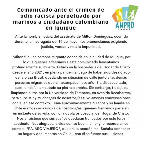 #Repost @ampro_tarapaca 
Comunicado ante el crimen de odio racista perpetuado por marinos a ciudadano colombiano en Iquique-Chile.